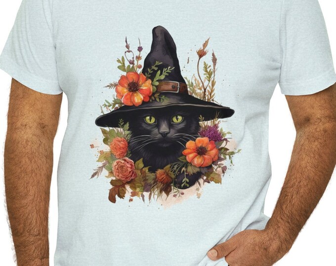 Unisex Jersey Short Sleeve Tee, Boho Hippie Witchy Black Cat T Shirt, Bohemian Apparel, Unisex Bella Canvas 3001 Cotton Tee, S-3XL Sizes