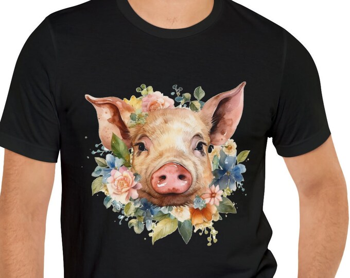 Unisex Jersey Short Sleeve Tee, Boho Hippie Floral Pig Hog T Shirt, Bohemian Apparel, Unisex Bella Canvas 3001 Cotton Tee, S-3XL Sizes