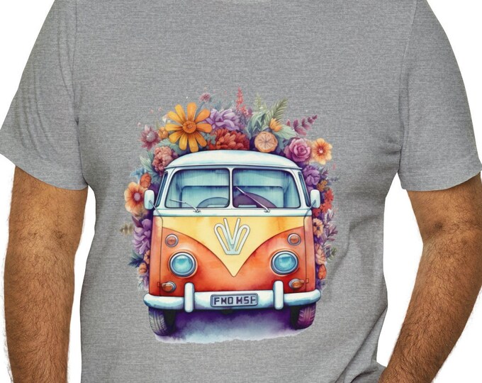 Unisex Jersey Short Sleeve Tee, Boho Hippie Bus Tee Shirt, Bohemian Apparel, Unisex Cotton Tee, S-3XL Sizes, Floral Bus Shirt