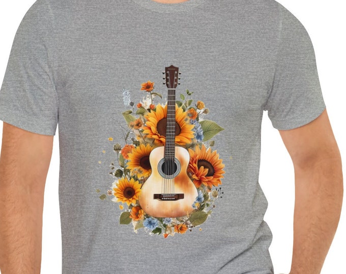 Unisex Jersey Short Sleeve Tee, Boho Hippie Floral Guitar T Shirt, Bohemian Apparel, Unisex Bella Canvas 3001 Cotton Tee, S-3XL, Guitar Tee