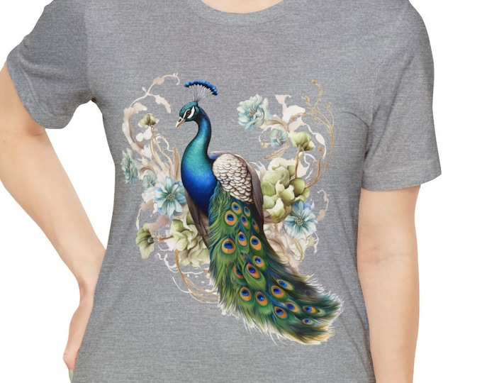 Unisex Jersey Short Sleeve Tee, Boho Hippie Floral Peacock T Shirt, Bohemian Apparel, Unisex Bella Canvas 3001 Cotton Tee, S-3XL Sizes