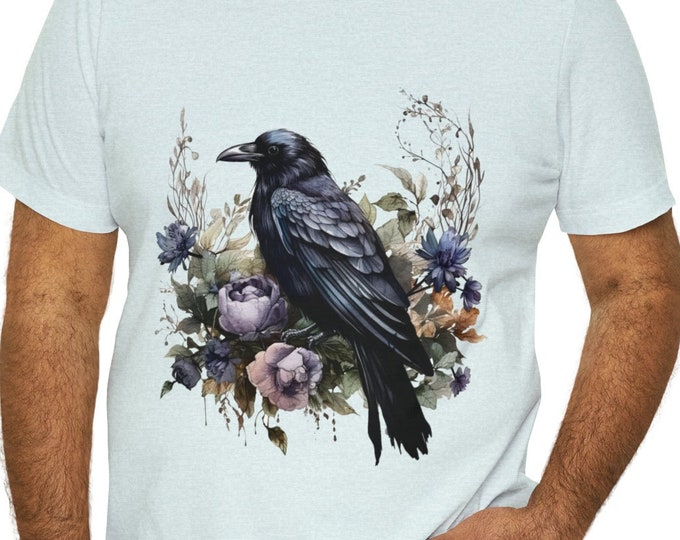 Unisex Jersey Short Sleeve Tee, Boho Hippie Floral Raven T Shirt, Bohemian Apparel, Unisex Bella Canvas 3001 Cotton Tee, S-3XL, Raven Shirt