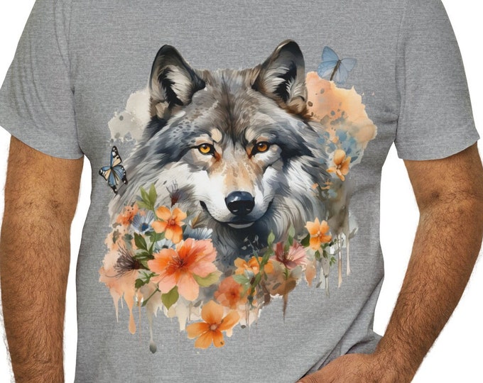 Unisex Jersey Short Sleeve Tee, Boho Grey Wolf Floral Tee Shirt, Bohemian Apparel, Unisex Cotton Tee, S-3XL Sizes, Tribal Wolf Shirt