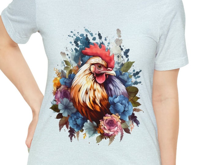 Unisex Jersey Short Sleeve Tee, Boho Hippie Farm Animal Rooster Floral T Shirt, Bohemian Apparel, Unisex Bella Canvas 3001 Cotton Tee, S-3XL