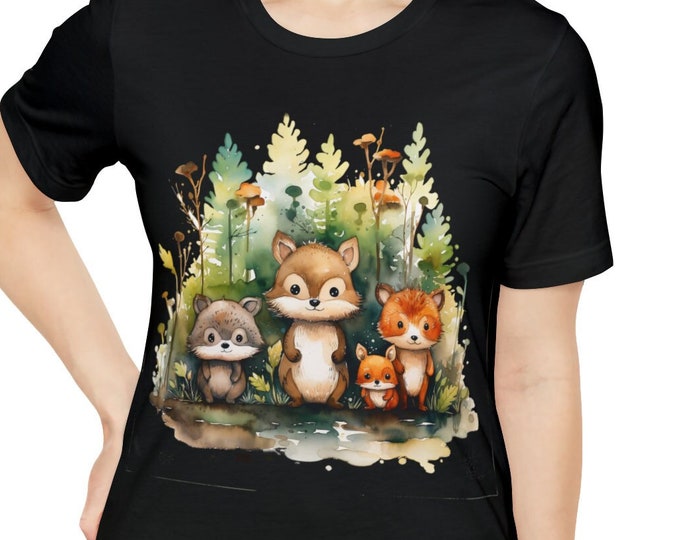 Unisex Jersey Short Sleeve Tee, Boho Woodland Animals Tee Shirt, Bohemian Apparel, Unisex Cotton Tee, S-3XL Sizes, Cute Animals Shirt