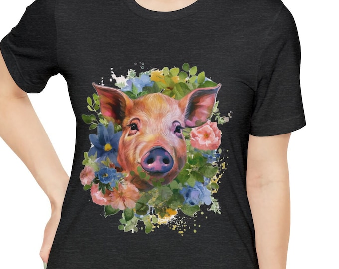 Unisex Jersey Short Sleeve Tee, Boho Hippie Floral Pig Hog T Shirt, Bohemian Apparel, Unisex Bella Canvas 3001 Cotton Tee, S-3XL Sizes