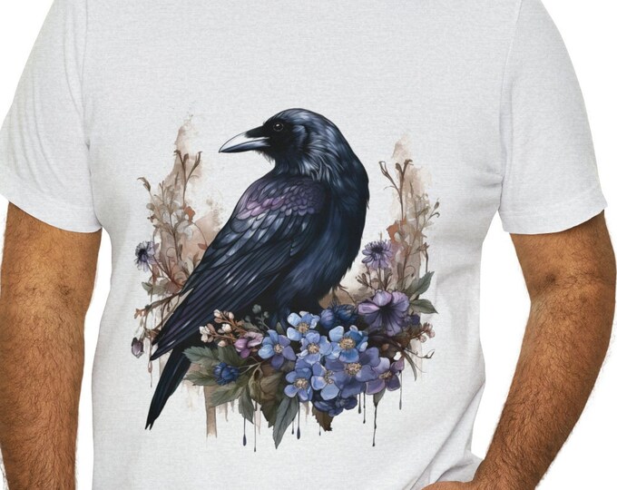 Unisex Jersey Short Sleeve Tee, Boho Hippie Floral Raven T Shirt, Bohemian Apparel, Unisex Bella Canvas 3001 Cotton Tee, S-3XL, Raven Shirt