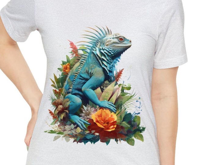 Unisex Jersey Short Sleeve Tee, Boho Hippie Floral Iguana T Shirt, Bohemian Apparel, Unisex Bella Canvas 3001 Cotton Tee, S-3XL Sizes