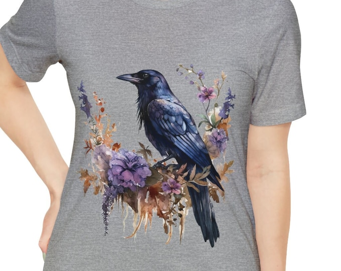 Unisex Jersey Short Sleeve Tee, Boho Hippie Floral Raven T Shirt, Bohemian Apparel, Unisex Bella Canvas 3001 Cotton Tee, S-3XL, Raven Shirt