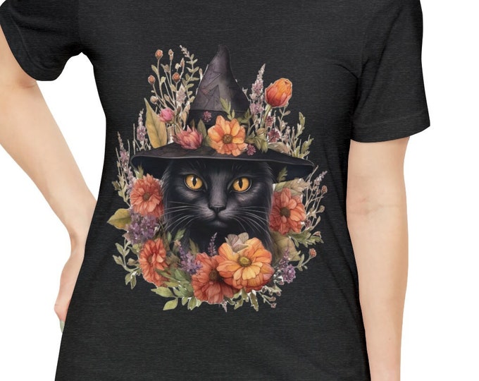 Unisex Jersey Short Sleeve Tee, Boho Hippie Witchy Black Cat T Shirt, Bohemian Apparel, Unisex Bella Canvas 3001 Cotton Tee, S-3XL Sizes