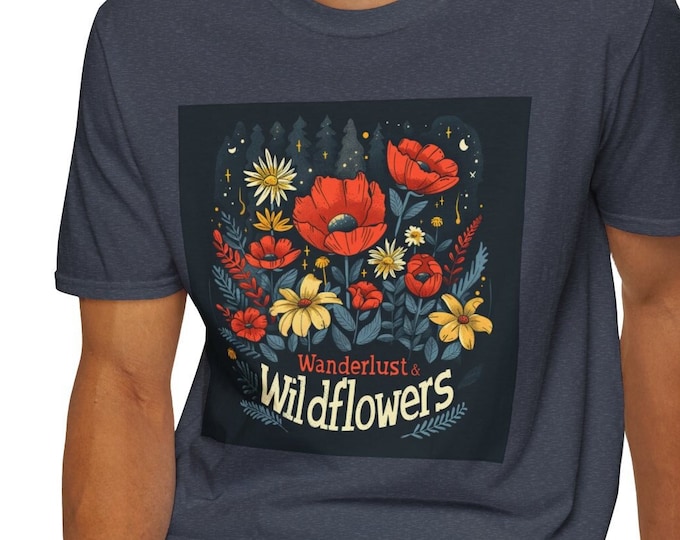 Unisex Softstyle T-Shirt, Wanderlust & Wildflowers Cotton Tee, Boho Hippie Shirt, Sizes XS-5XL, Men's Women's Retro Apparel Clothing