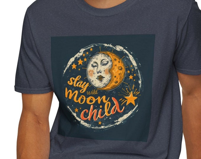 Unisex Softstyle T-Shirt, Stay Wild Moon Child Cotton Tee, Boho Hippie Shirt, Sizes XS-5XL, Men's Women's Retro Apparel Clothing