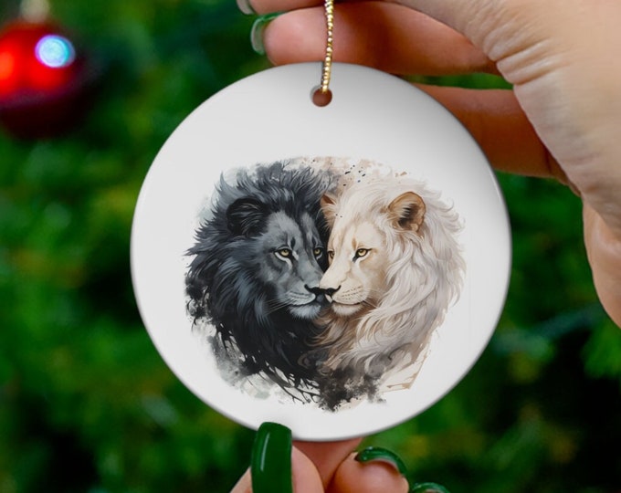 Porcelain Ceramic Ornament, 3 Shapes, Yin Yang Lions, Wild Animals Holiday Ornament, Lions Christmas Ornament, Christmas Tree Decorations