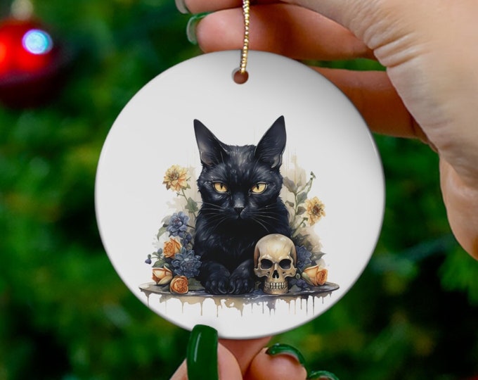 Porcelain Ceramic Ornament, 3 Shapes, Black Cat and Skull, Witchy Cat Holiday Ornament, Yule Christmas Ornament, Christmas Tree Decorations