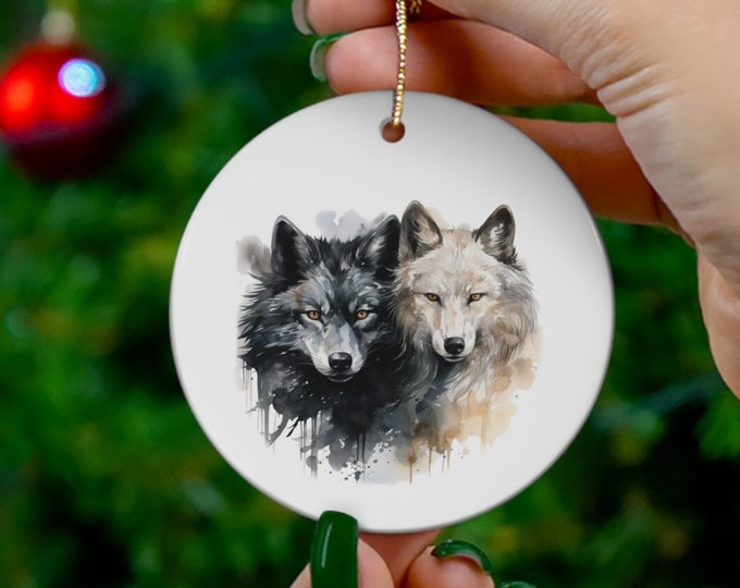 Porcelain Ceramic Ornament, 3 Shapes, Yin Yang Wolves, Wild Animals Holiday Ornament, Wolf Christmas Ornament, Christmas Tree Decorations