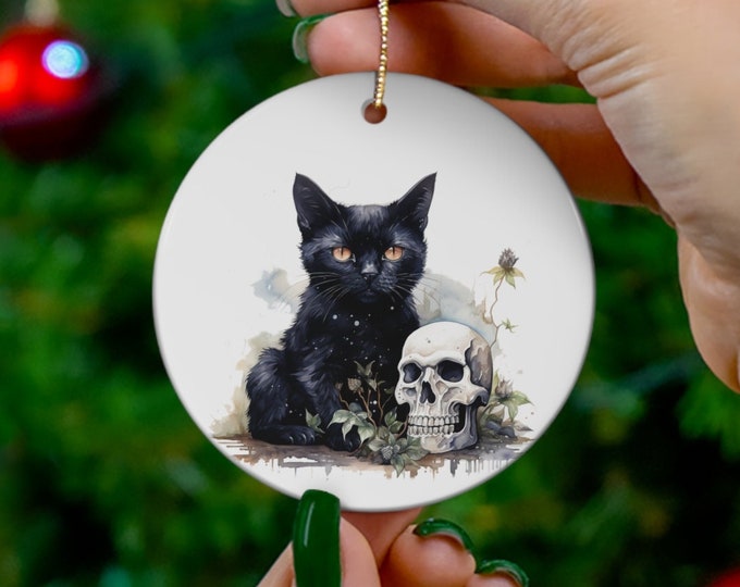 Porcelain Ceramic Ornament, 3 Shapes, Black Cat Skull, Witchy Holiday Ornament, Witches Yule Ornament, Christmas Tree Decorations