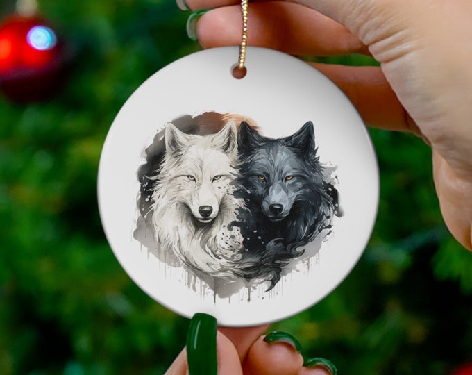 Porcelain Ceramic Ornament, 3 Shapes, Yin Yang Wolves, Wild Animals Ornament, Wolf Yule Ornament, Christmas Tree Decorations
