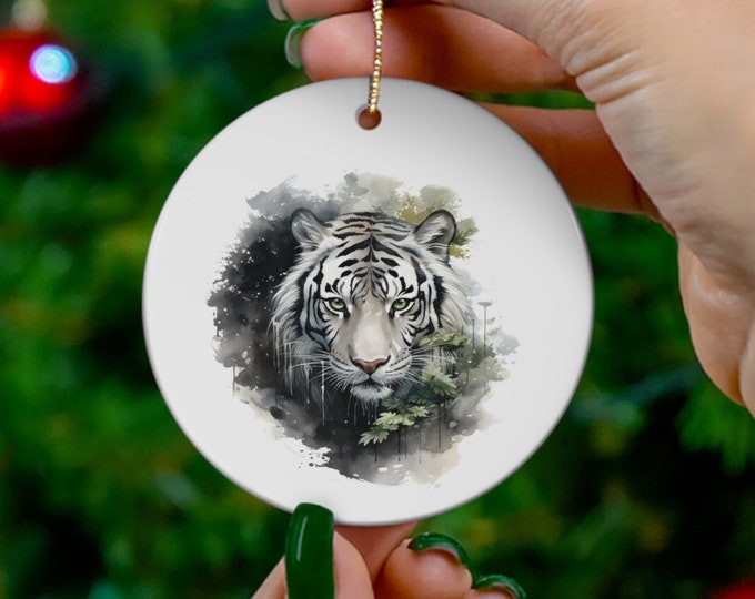 Porcelain Ceramic Ornament, 3 Shapes, White Tiger, Wild Animal Holiday Ornament, Tiger Christmas Ornament, Christmas Tree Decorations