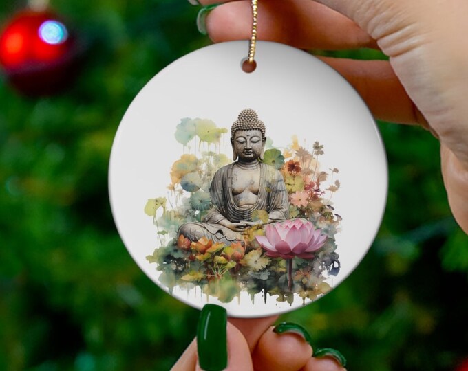 Porcelain Ceramic Ornament, 3 Shapes, Watercolor Buddha, Zen Meditation Holiday Ornament, Lotus Ornament, Christmas Tree Decorations