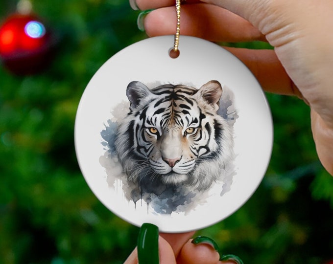 Porcelain Ceramic Ornament, 3 Shapes, White Tiger, Wild Animal Holiday Ornament, Tiger Christmas Ornament, Christmas Tree Decorations