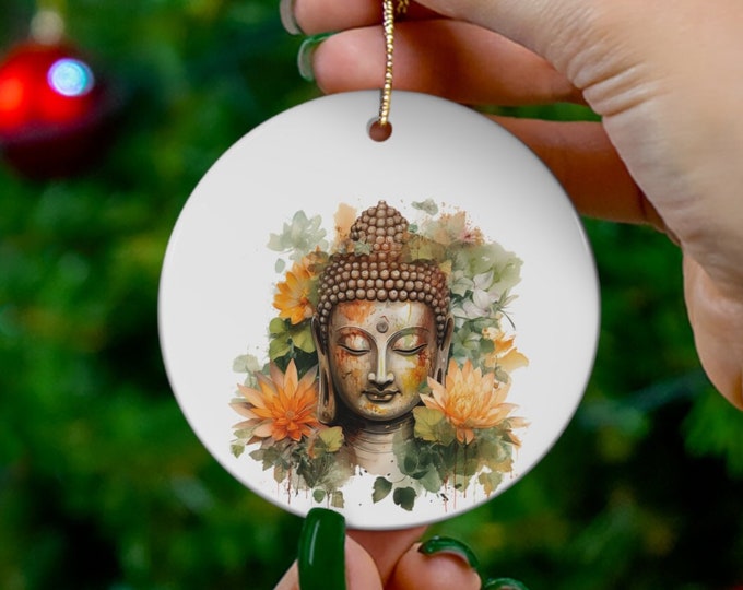 Porcelain Ceramic Ornament, 3 Shapes, Watercolor Buddha, Zen Meditation Ornament, Buddha Christmas Ornament, Christmas Tree Decorations