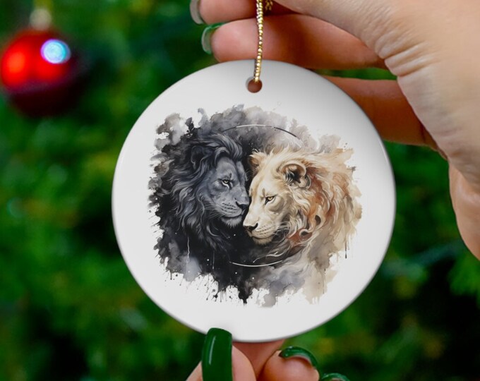 Porcelain Ceramic Ornament, 3 Shapes, Yin Yang Lion, Wild Animals Holiday Ornament, Lion Christmas Ornament, Christmas Tree Decorations