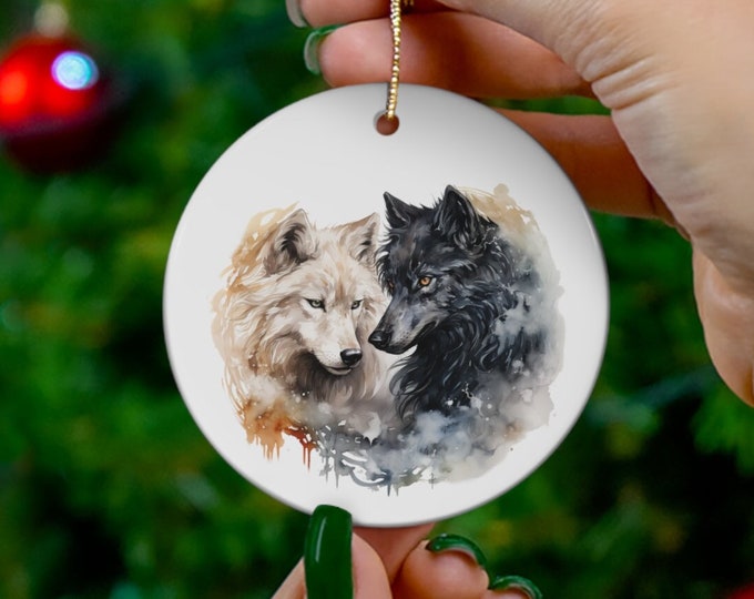 Porcelain Ceramic Ornament, 3 Shapes, Yin Yang Wolves, Wild Animals Holiday Ornament, Wolf Christmas Ornament, Christmas Tree Decorations