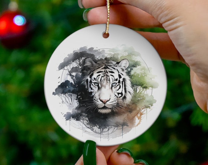 Porcelain Ceramic Ornament, 3 Shapes, White Tiger, Wild Animals Holiday Ornament, Cat Tiger Christmas Ornament, Christmas Tree Decorations