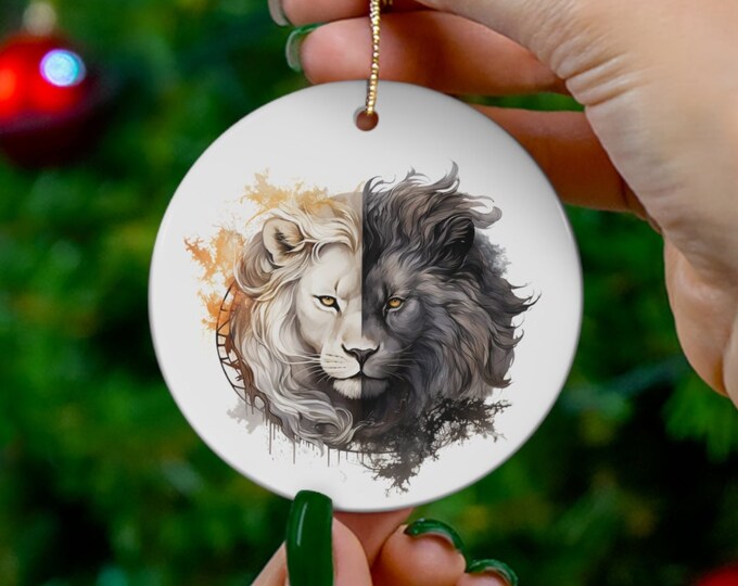 Porcelain Ceramic Ornament, 3 Shapes, Yin Yang Lion, Wild Animals Holiday Ornament, Lion Christmas Ornament, Christmas Tree Decorations