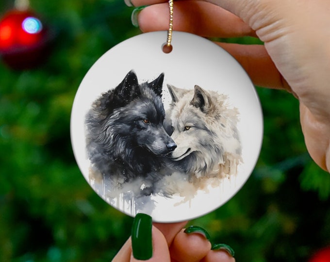 Porcelain Ceramic Ornament, 3 Shapes, Yin Yang Wolves, Animals Holiday Ornament, Wolf Yule Ornament, Christmas Tree Decorations