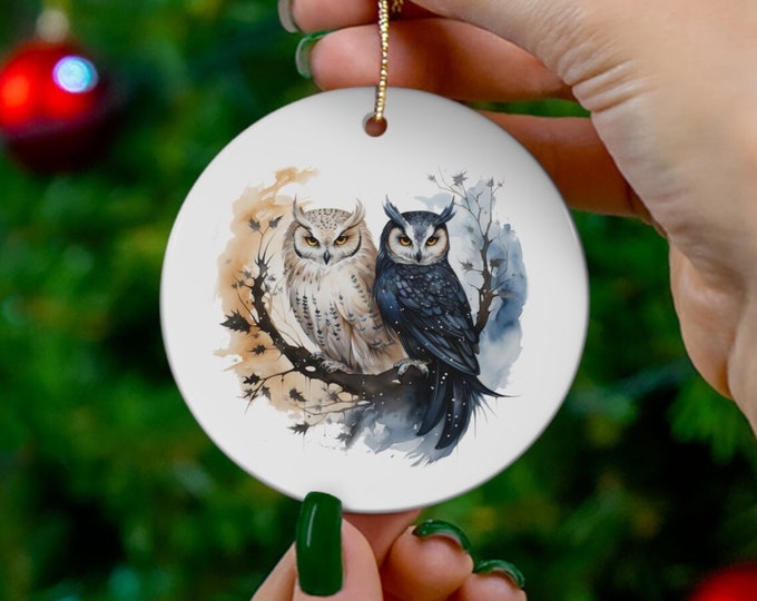 Porcelain Ceramic Ornament, 3 Shapes, Yin Yang Owls, Animals Holiday Ornament, Owls Christmas Ornament, Christmas Tree Decorations