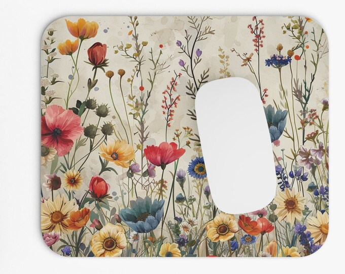 Wildflower Boho Print Mouse Pad, 9"x8" Hippie Boho Mouse Pad, Tech Desk Office Computer Mouse Pad Office Supplies, Neoprene Non Slip Mouse