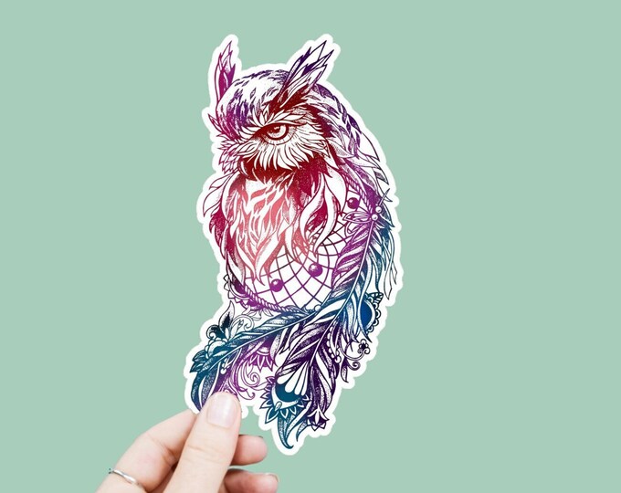 Owl Drawing Decal, Satin Finish Sticker, Boho Animal Sticker Laptop Sticker, Window Decal, Water Bottle Decal, 4 Sizes