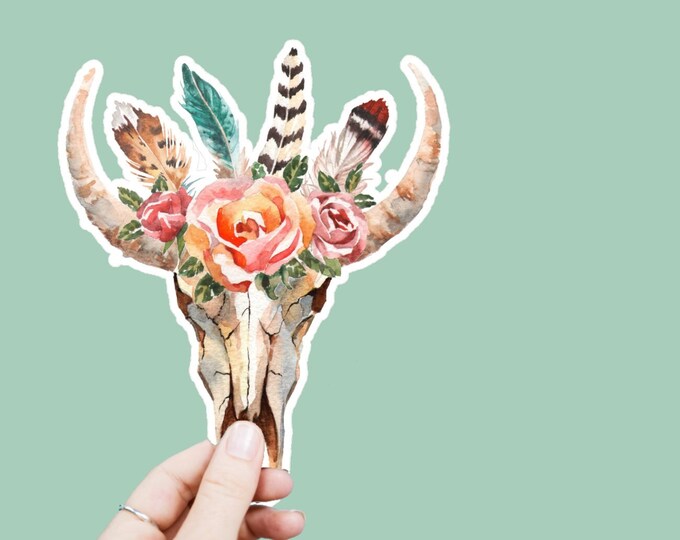 Skull and Flowers Decal, Satin Finish Sticker, Boho Sticker Laptop Sticker, Window Decal, Water Bottle Decal, 4 Sizes