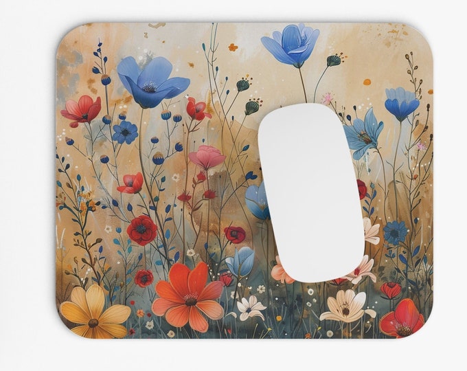 Wildflowers Boho Print Mouse Pad, 9"x8" Hippie Boho Mouse Pad, Tech Desk Office Computer Mouse Pad Office Supplies, Neoprene Non Slip Mouse