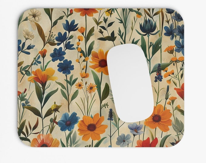 Wildflowers Boho Print Mouse Pad, 9"x8" Hippie Boho Mouse Pad, Tech Desk Office Computer Mouse Pad Office Supplies, Neoprene Non Slip Mouse