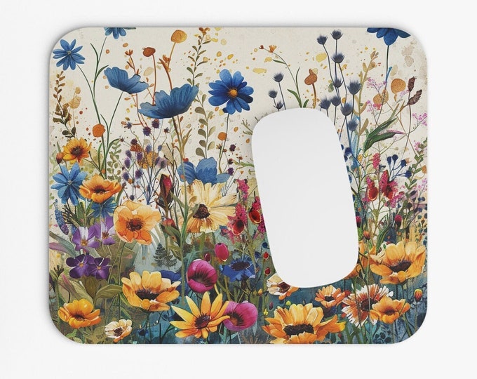Wildflowers Boho Print Mouse Pad, 9"x8" Hippie Boho Mouse Pad, Tech Desk Office Computer Mouse Pad Office Supplies, Neoprene Non Slip Mouse