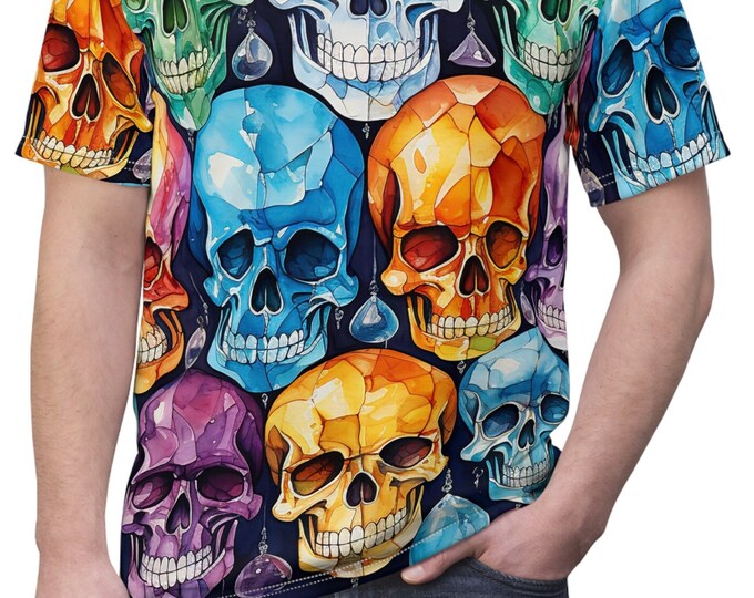 Unisex Lightweight Short Sleeve Tee, Boho Crystal Skulls Tee Shirt, Bohemian Apparel, Unisex AOP Tee, S-3XL Sizes, Gothic Skulls Shirt