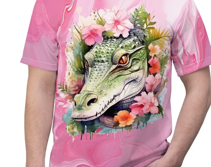 Unisex Lightweight Short Sleeve Tee, Boho Floral Alligator Tee Shirt, Bohemian Apparel, Unisex AOP Tee, S-3XL Sizes, Hippie Animal Shirt