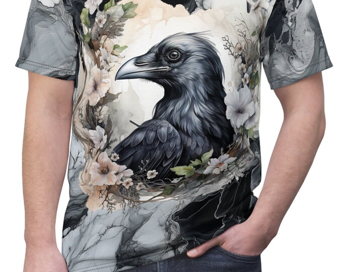 Unisex Lightweight Short Sleeve Tee, Boho Hippie Floral Crow Tee Shirt, Bohemian Apparel, Unisex AOP Tee, S-3XL Sizes, Animal Shirt