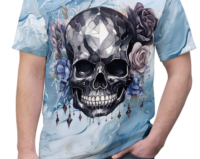 Unisex Lightweight Short Sleeve Tee, Boho Bejeweled Skull Tee Shirt, Bohemian Apparel, Unisex AOP Tee, S-3XL Sizes, Floral Skull Shirt