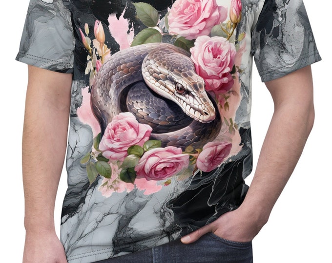 Unisex Lightweight Short Sleeve Tee, Boho Hippie Flowers Snake Tee Shirt, Bohemian Apparel, Unisex AOP Tee, S-3XL Sizes, Animal Shirt