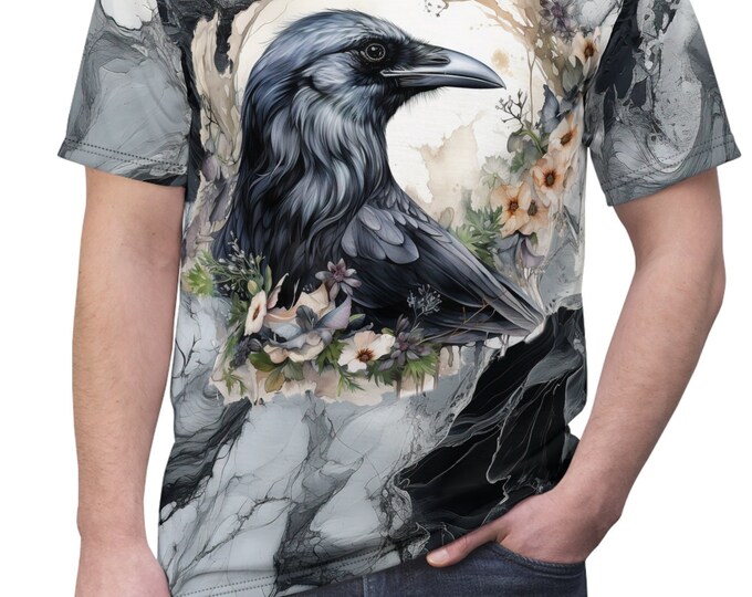 Unisex Lightweight Short Sleeve Tee, Boho Hippie Floral Crow Tee Shirt, Bohemian Apparel, Unisex AOP Tee, S-3XL Sizes, Animal Shirt