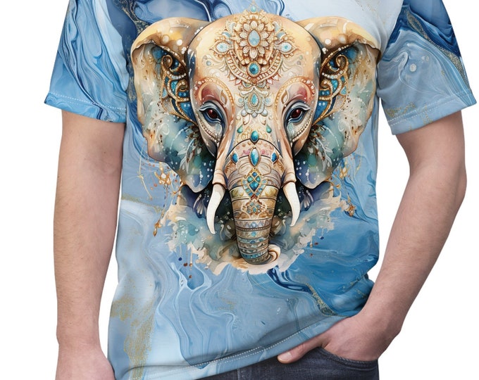 Unisex Lightweight Short Sleeve Tee, Boho Bejeweled Elephant Tee Shirt, Bohemian Apparel, Unisex AOP Tee, S-3XL Sizes, Animal Shirt