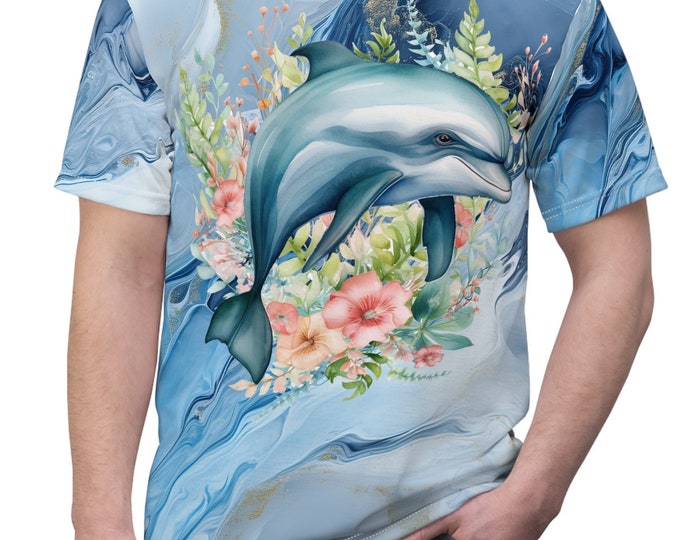 Unisex Lightweight Short Sleeve Tee, Boho Floral Dolphin Tee Shirt, Bohemian Apparel, Unisex AOP Tee, S-3XL Sizes, Dolphin Shirt