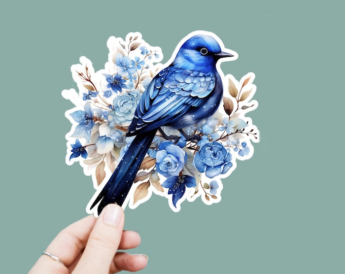 Watercolor Blue Songbird Vinyl Decal, Satin Finish Boho Floral Bird Sticker, Laptop Sticker, Window Decal, Water Bottle Decal, 4 Sizes