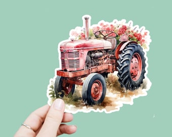 Watercolor Tractor Decal, Satin Finish Sticker, Boho Flowers Farm Tractor Sticker Laptop Sticker, Window Decal, Water Bottle Decal, 4 Sizes