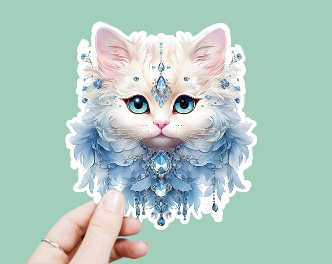 Watercolor Bejeweled Cat Decal, Satin Finish Sticker, Boho Crystal Kitten Sticker Laptop Sticker, Window Decal, Water Bottle Decal, 4 Sizes