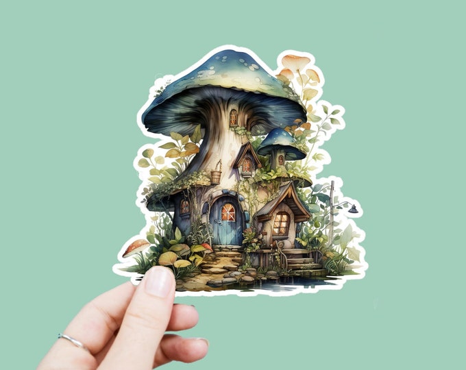 Watercolor Woodland Fairy Mushroom Cottage Decal, Satin Finish Sticker, Boho Laptop Sticker, Window Decal, Water Bottle Decal, 4 Sizes