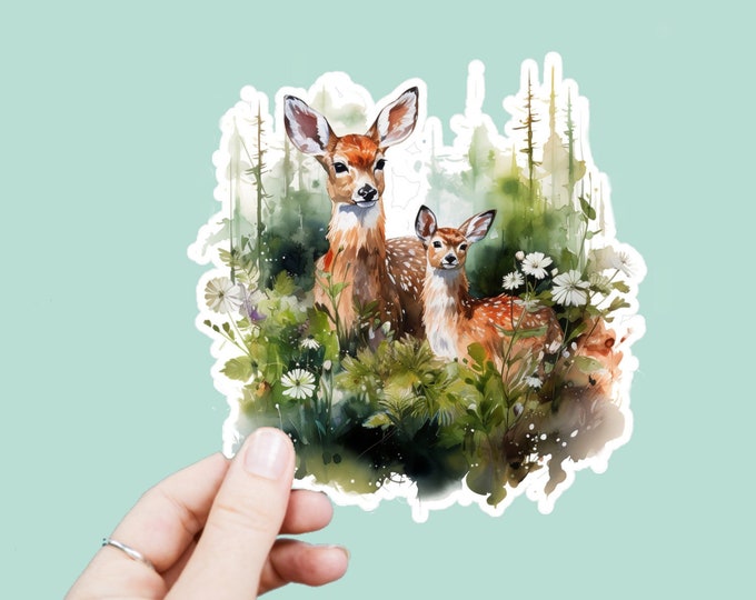 Watercolor Woodland Deer Decal, Satin Finish Sticker, Boho Floral Deer Laptop Sticker, Window Decal, Water Bottle Decal, 4 Sizes